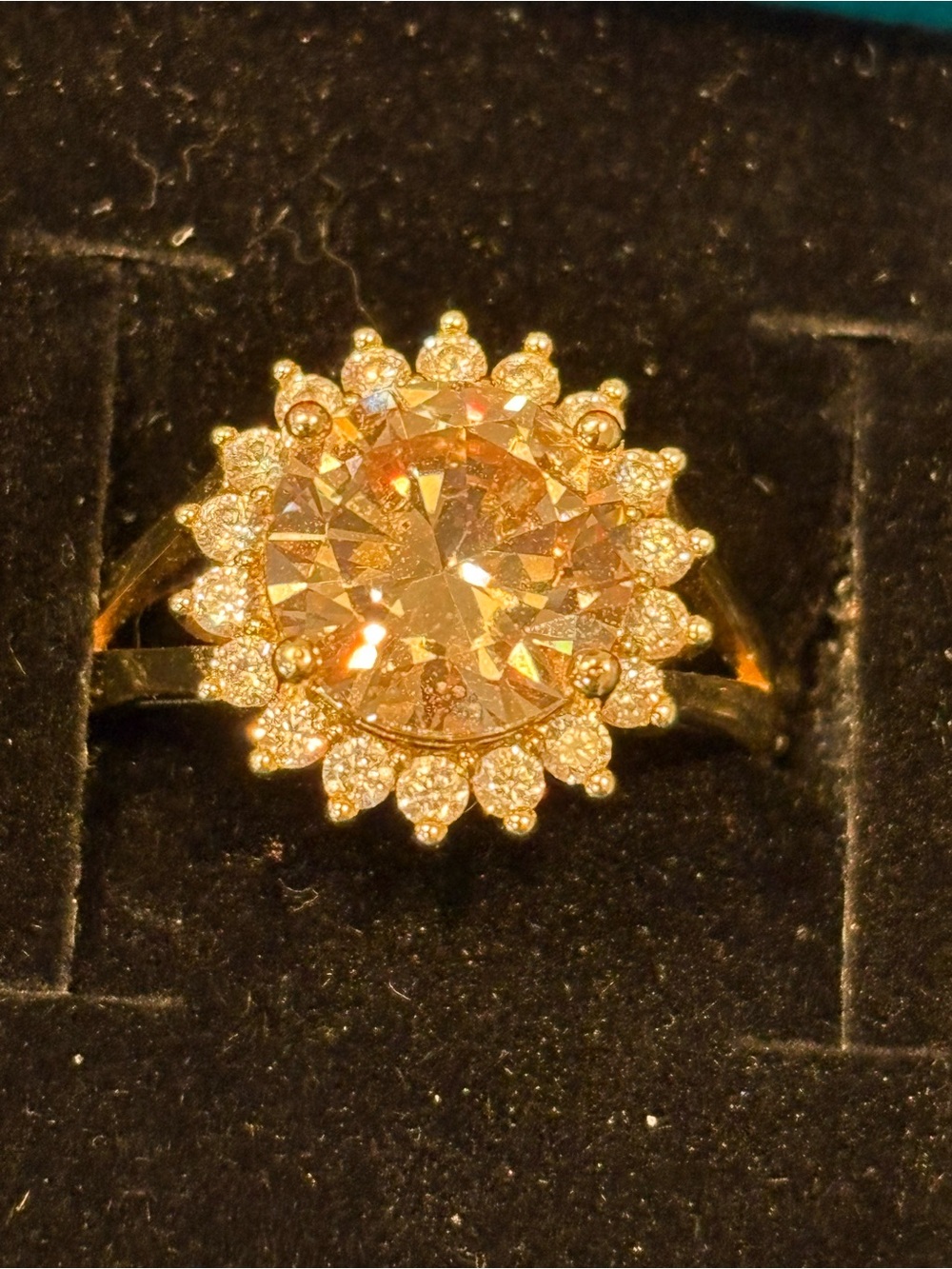 Gold Floral Halo Ring with Champagne Center Stone